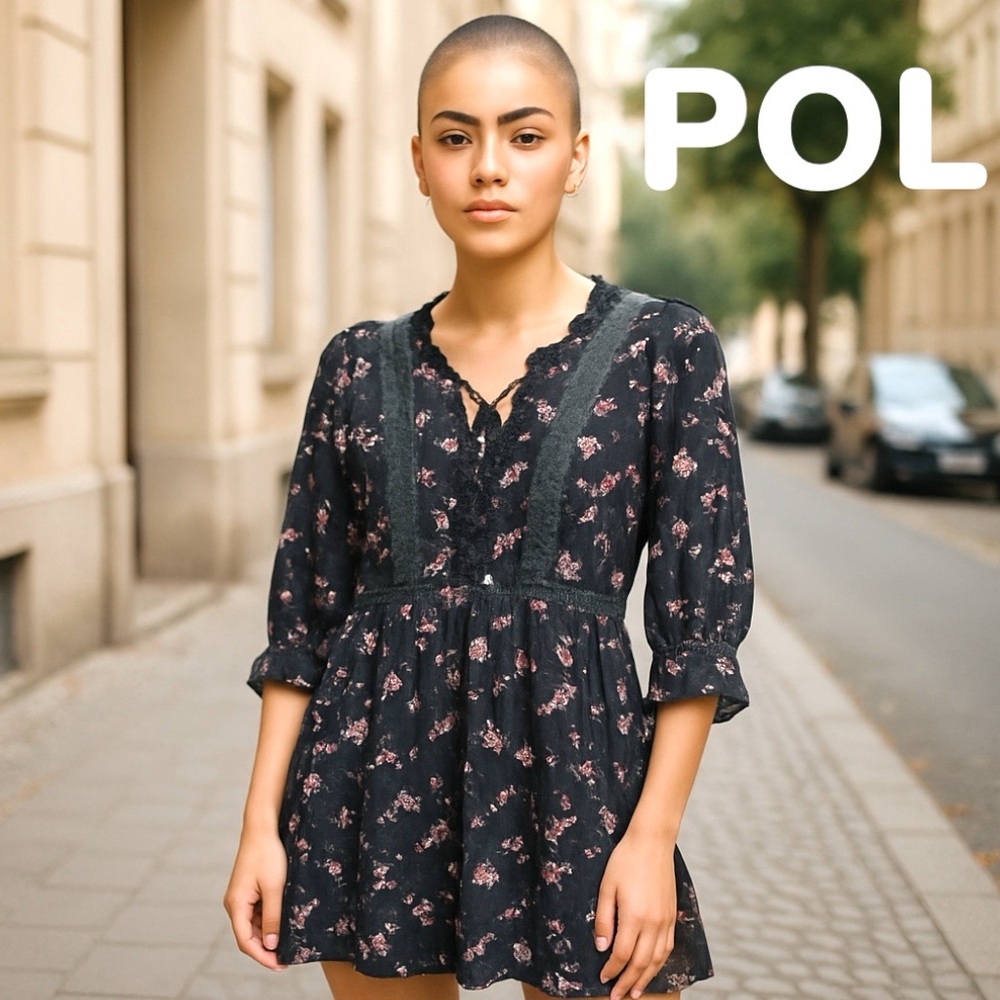 POL Ruffled Tie front Blouse or Mini dress with lace trims. See detail photos.